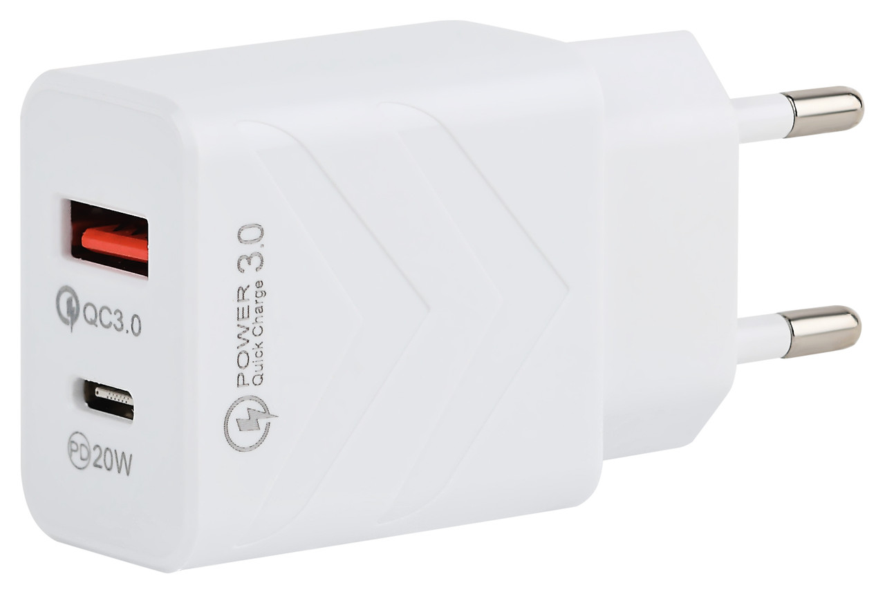 Сетевое зарядное устройство Intro CC290 USB + Type-C быстрая зарядка QC 3.0 + PD 20W белая - фото 1 - id-p207949461
