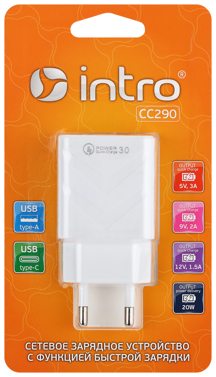 Сетевое зарядное устройство Intro CC290 USB + Type-C быстрая зарядка QC 3.0 + PD 20W белая - фото 2 - id-p207949461