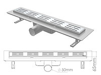 Сливной трап горизонтальный D 50, решетка нерж. с площадкой под плитку, 65х700мм полоски, NOVA