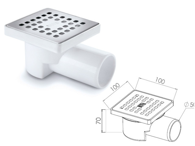 Сливной трап горизонтальный D 50, с сухим затвором, решетка нерж. 100х100 мм, NOVA - фото 1 - id-p207564157