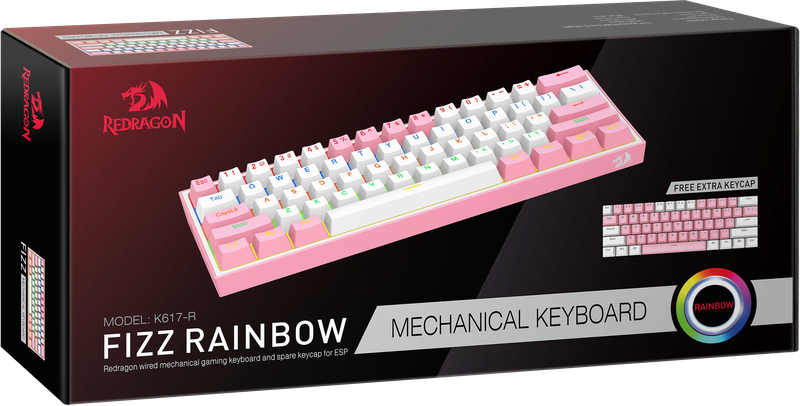 Проводная механическая клавиатура Redragon Fizz, бело-розовая, 61 клавиша, Rainbow подсветка, Outemu Brown