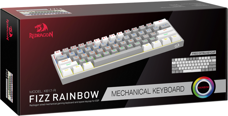 Проводная механическая клавиатура Redragon Fizz, бело-серая, 61 клавиша, Rainbow подсветка, Outemu Brown - фото 1 - id-p208084710
