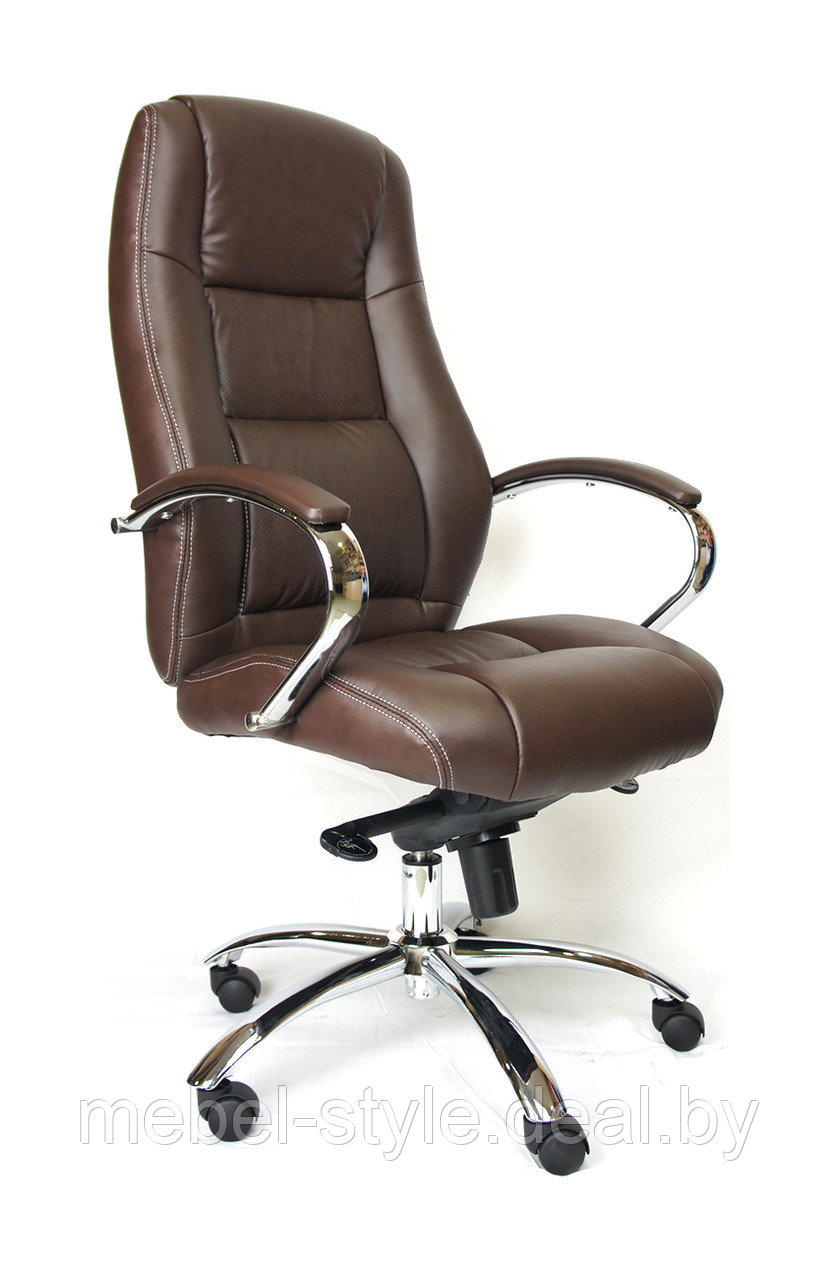 Кресло КРОН хром для руководителя дома и офис, стул KRON в коричневой эко коже