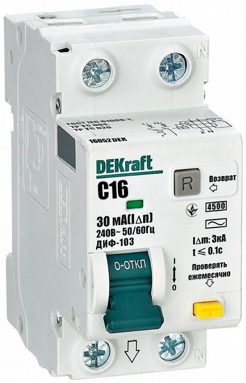 Дифавтомат ДИФ-103 1P+N C6 30мА 4,5кА DEKraft тип AC 2M электронный дифференциальный автомат 16050DEK