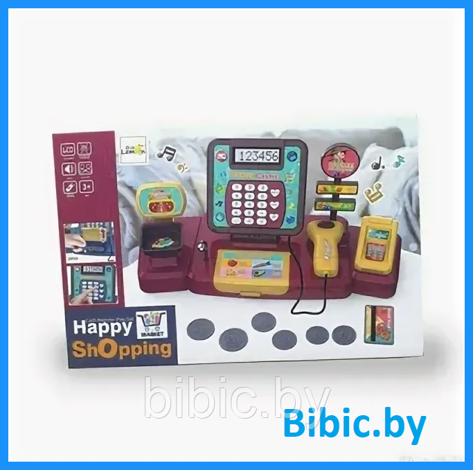Детский игровой набор касса с кофемашиной для девочек, кассовый аппарат, чек, сканер, весы, аксессуары