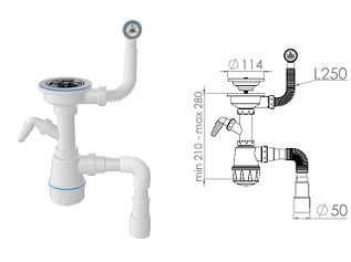 Сифон для кухни с круглым переливом, выпуск 3 1/2,  с гибкой трубой 1 1/2" - 40/50мм, NOVA