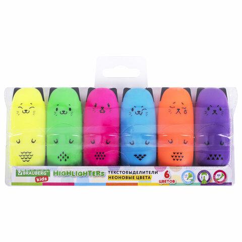 Набор текстовыделителей мини 6 ЦВЕТОВ BRAUBERG KIDS "CUTE CATS NEON", линия 1-5 мм