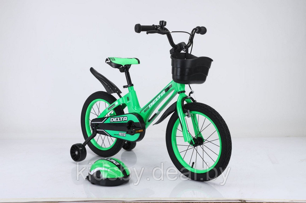 Детский велосипед Delta Prestige 16" New + шлем 2023 (зеленый) с магниевой рамой и спицованными колёсами - фото 1 - id-p208161752