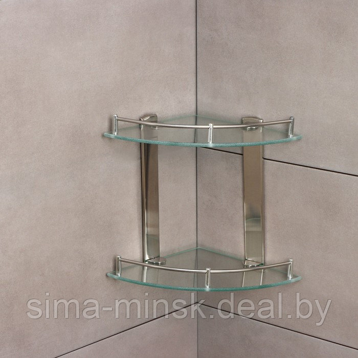 Полка для ванной комнаты 2х-ярусная угловая, 24×24×28 см, нержавеющая сталь, стекло - фото 3 - id-p208225367