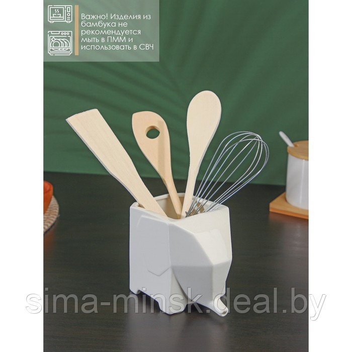 Набор кухонных принадлежностей на фарфоровой подставке BellaTenero «Слонёнок», 5 предметов, цвет белый - фото 2 - id-p208227138
