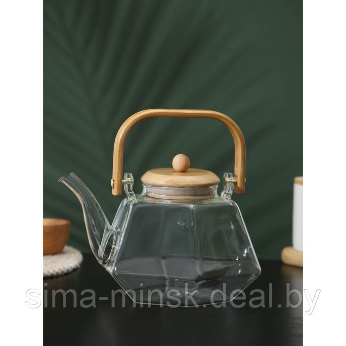 Чайник стеклянный заварочный с бамбуковой крышкой и металлическим фильтром BellaTenero «Октогон», 1,2 л - фото 1 - id-p208228144