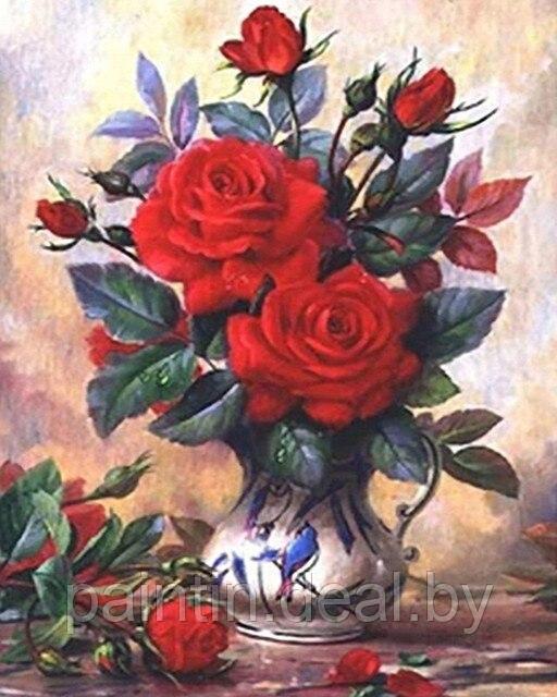 Алмазная мозаика "Розы в вазе" на подрамнике - фото 1 - id-p208253495