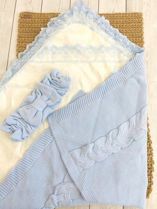 Конверт на выписку лето мальчик кружевной уголок Одеяло для новорожденного в коляску синий - фото 4 - id-p208454329