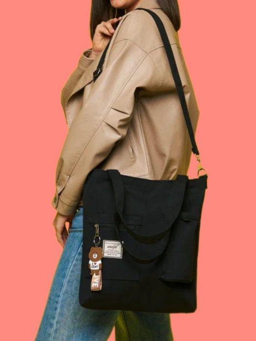 Шоппер на молнии черный Сумка женская большая с замком через плечо с карманами тканевая - фото 5 - id-p208454332