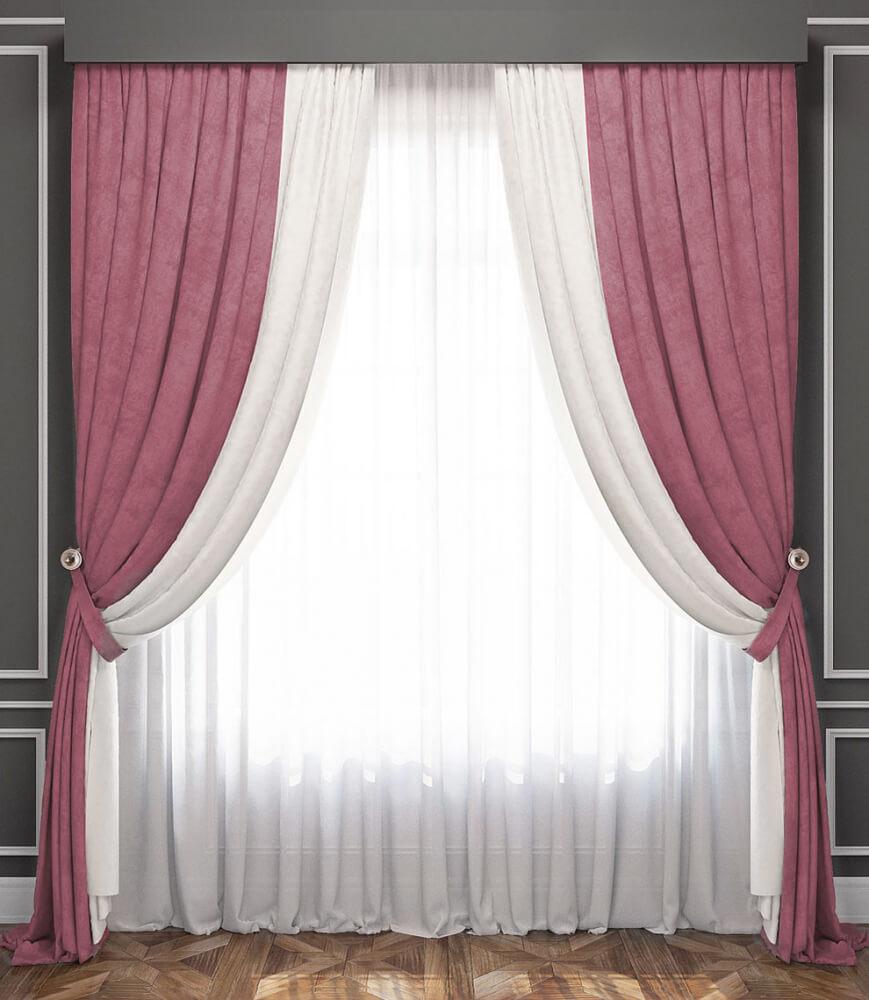 Комплект комбинированных штор с подхватами ЛАТУР Белый/Розовый 340×270 (Ш×В) - фото 2 - id-p206848912