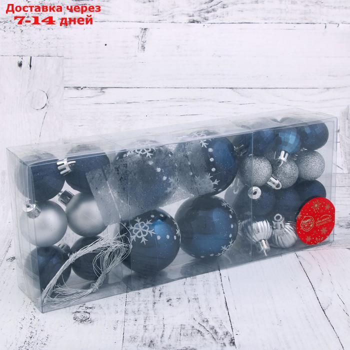 Набор шаров пластик d-3 см, d-4 см, d-6 см, 34 шт "Ночные снежинки" серебристо-синий - фото 2 - id-p208446497
