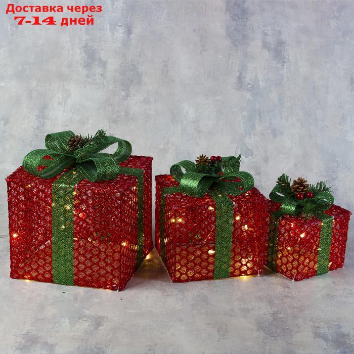 Фигура текстиль "Подарки красные с зеленой лентой" 15х20х25 см, 60 LED, 220V, Т/БЕЛЫЙ - фото 1 - id-p208452237