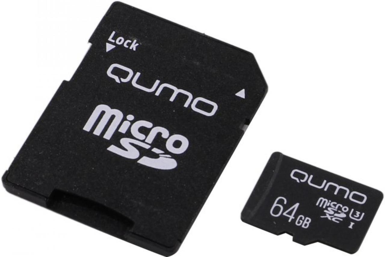 Карта памяти Qumo QM64GMICSDXC10U3 microSDXC 64Gb Class10 UHS-I U3 + microSD-- SD Adapter - фото 1 - id-p204694715