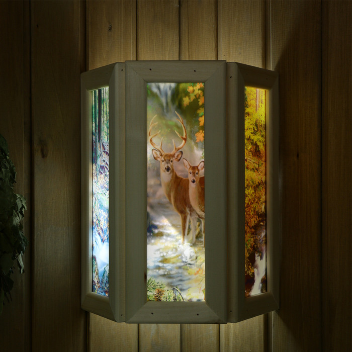 Абажур деревянный "Олени" со вставками из стекла с УФ печатью, 33х29х16см