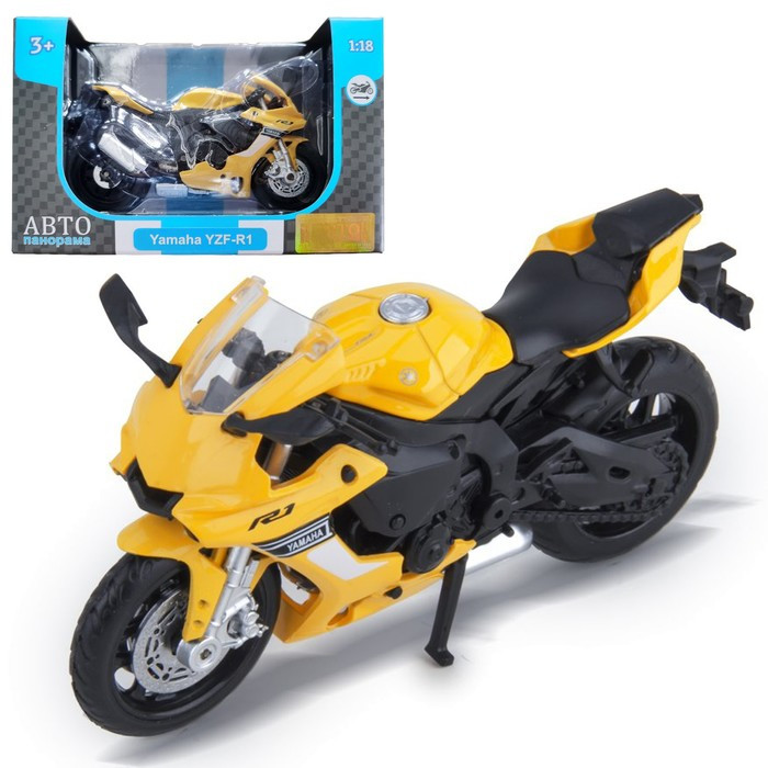 Модель мотоцикла металл. Yamaha YZF-R1 Scale 1:18, цвет желтый, свободный ход колёс - фото 1 - id-p208566714