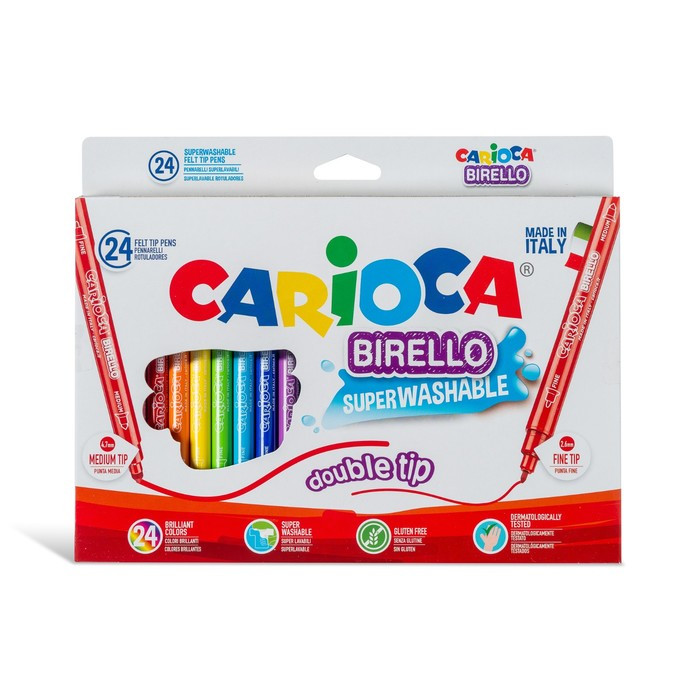 Фломастеры двусторонние 24 цвета Carioca Birello, 2.6/4,7 мм, смываемые, суперяркие, европодвес - фото 1 - id-p208572130