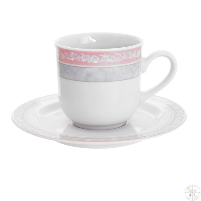 Чашка 215 мл с блюдцем 150 мм высокая Jana, декор «Серый мрамор с розовым кантом» - фото 1 - id-p208572297