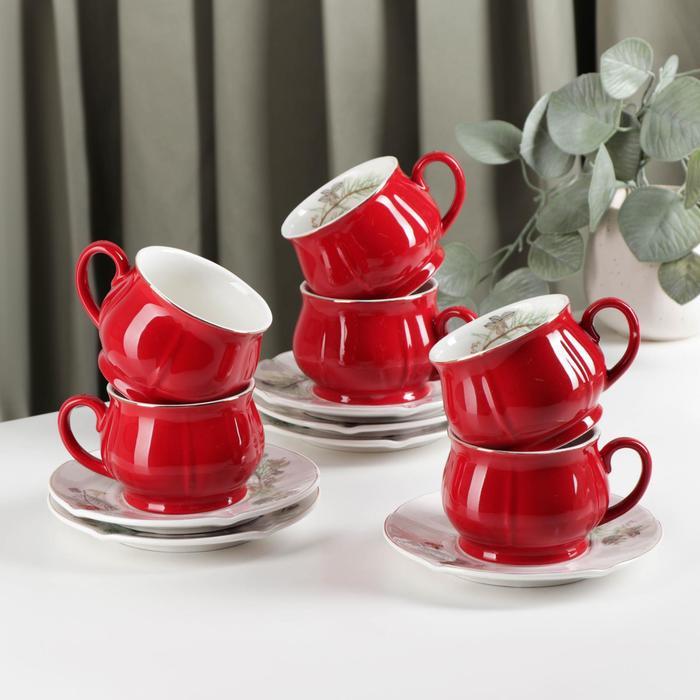 Сервиз керамический чайный «Шишечки», 12 предметов: чашка 200 мл, блюдце d=14,5 см, цвет красный - фото 1 - id-p208572382