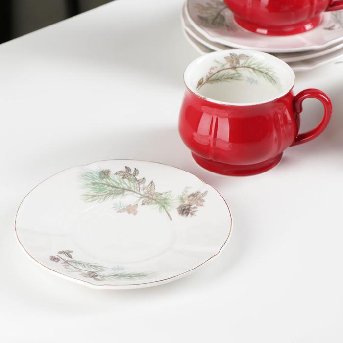 Сервиз керамический чайный «Шишечки», 12 предметов: чашка 200 мл, блюдце d=14,5 см, цвет красный - фото 2 - id-p208572382