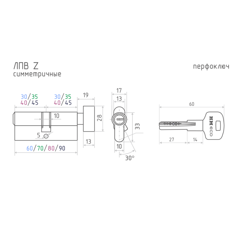 Цилиндровый механизм ЕСО Z ЛПВ 90 CP(55х35В) (ключ/верт) Нора-М - фото 2 - id-p208608298
