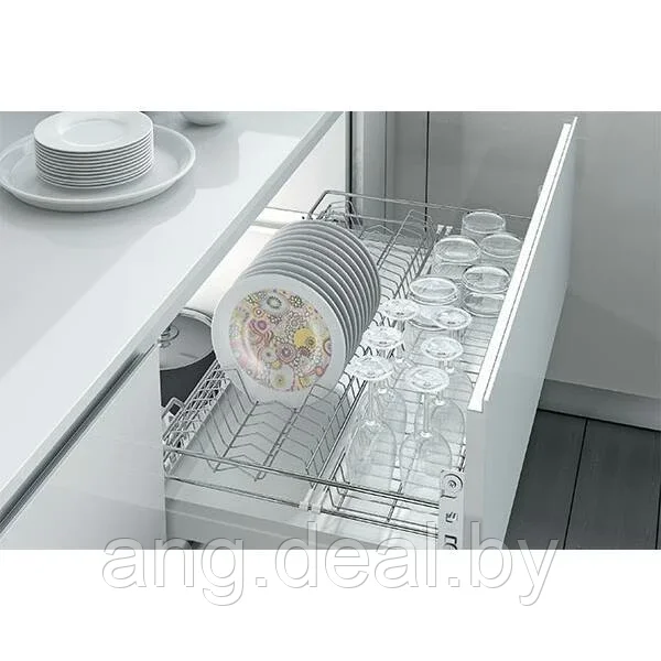 Сетка для посуды 1-уровневая в нижнюю базу 900 выдвижная, с доводчиком, отделка хром - фото 4 - id-p208649965