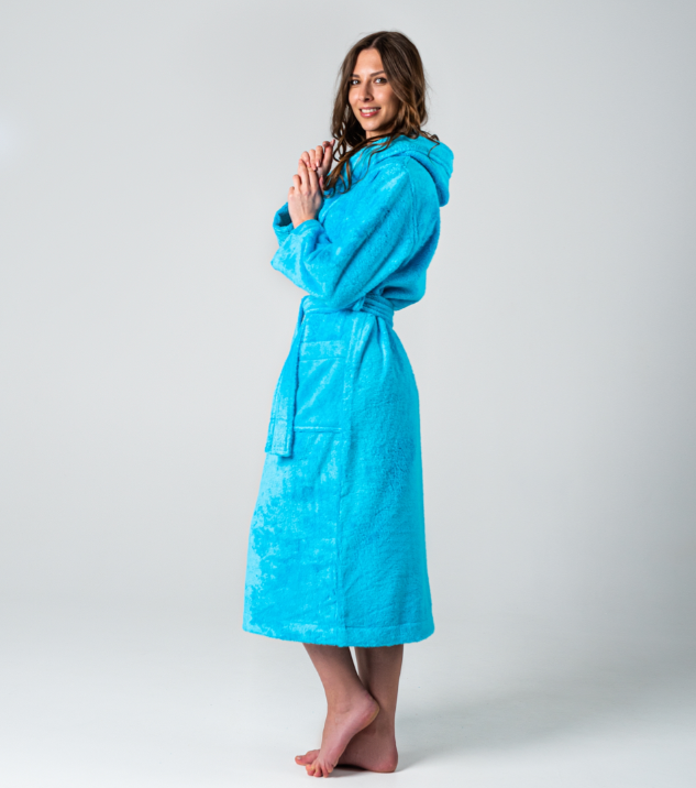 Женский хлопковый халат с капюшоном длинный. Голубой - фото 2 - id-p208661978
