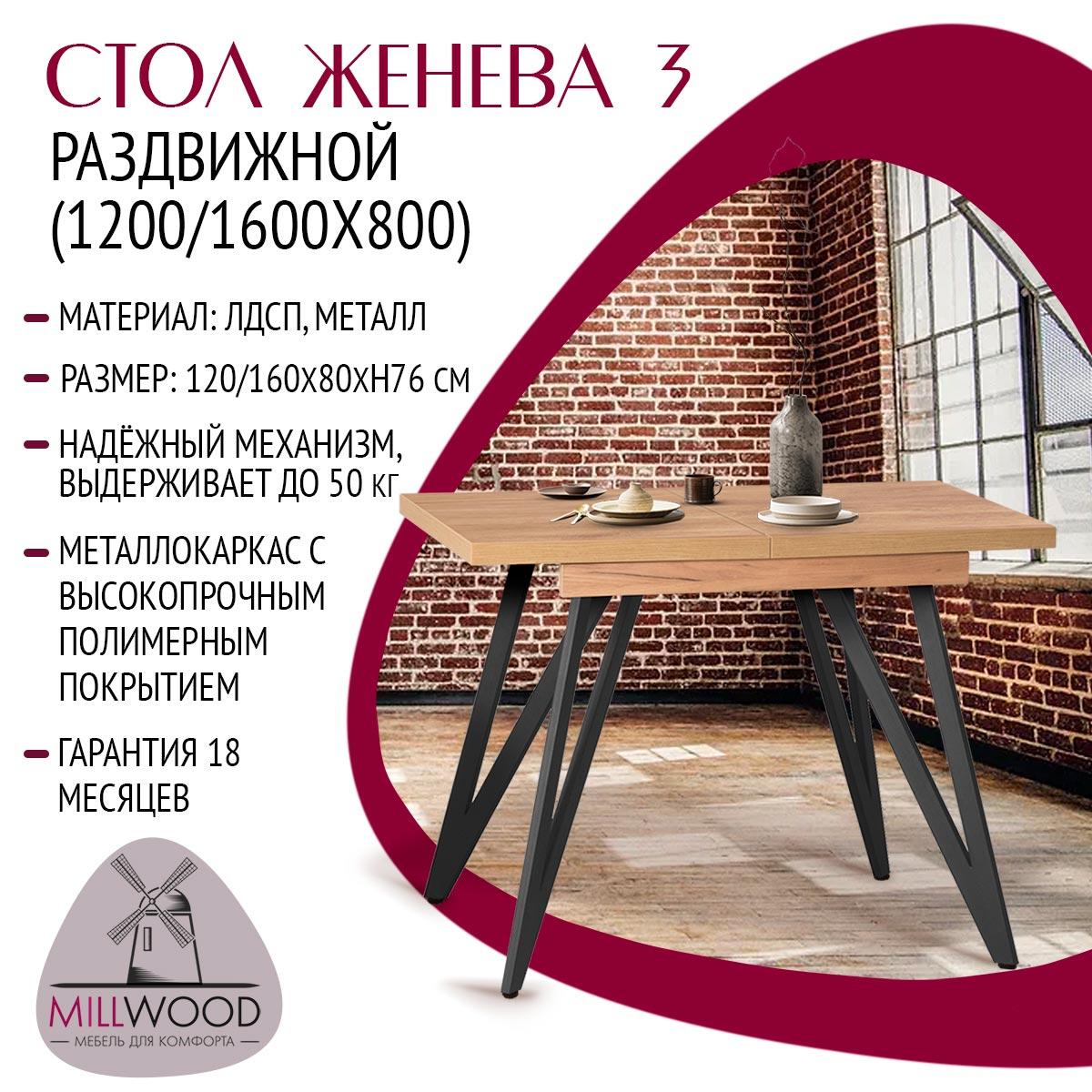 Millwood Стол Женева 3 раздвижной (1200/1600х800), ЛДСП Дуб золотой крафт / Металлокаркас Графит - фото 2 - id-p208662380