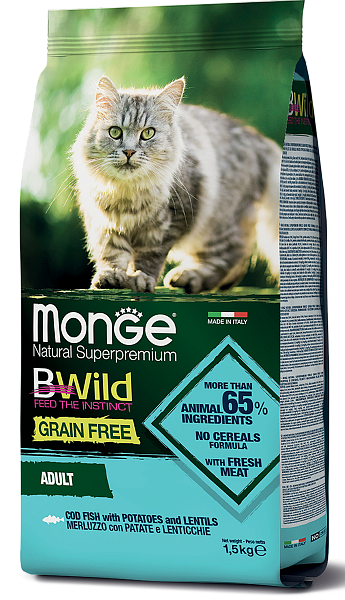 Monge Bwild Grain Free Adult cat (треска), 1,5 кг - фото 1 - id-p208678804