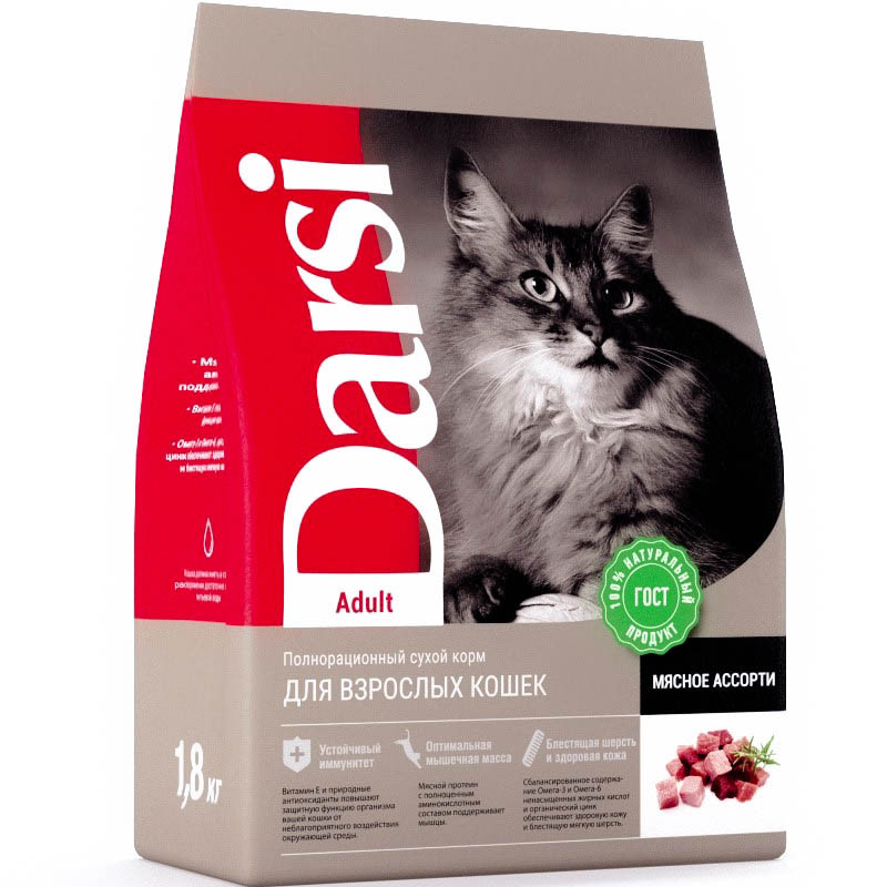 Корм сухой для кошек DARSI Adult Мясное ассорти, 1,8 кг - фото 1 - id-p208682175