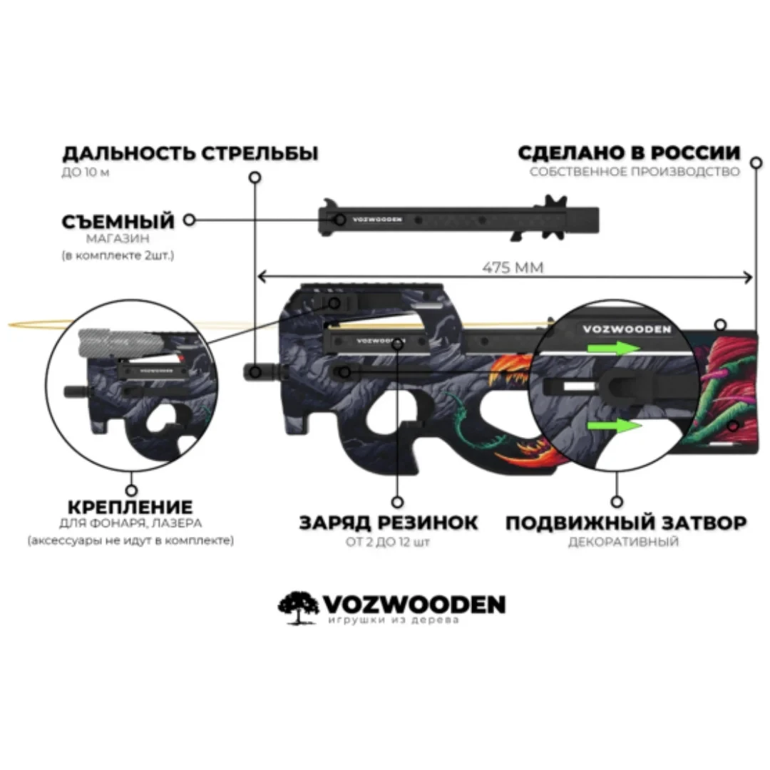 Деревянный пистолет-пулемет VozWooden Active P90 Скоростной зверь (резинкострел) - фото 6 - id-p208684631