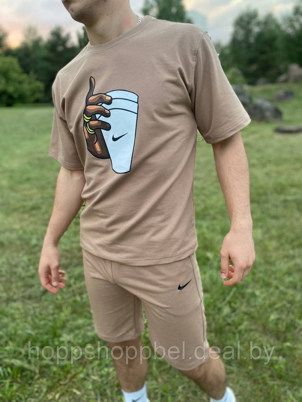 Комплект(шорты + футболка) бежевый Nike / летний спортивный костюм OVERSIZE - фото 2 - id-p205593826