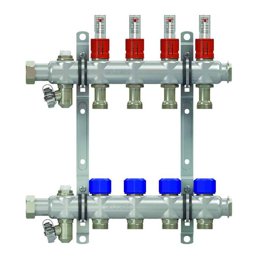 ELSEN Коллекторная группа, 1", 8 контуров,отвод 3/4", с вентил. и расходомер., нерж. ст EMi03.08