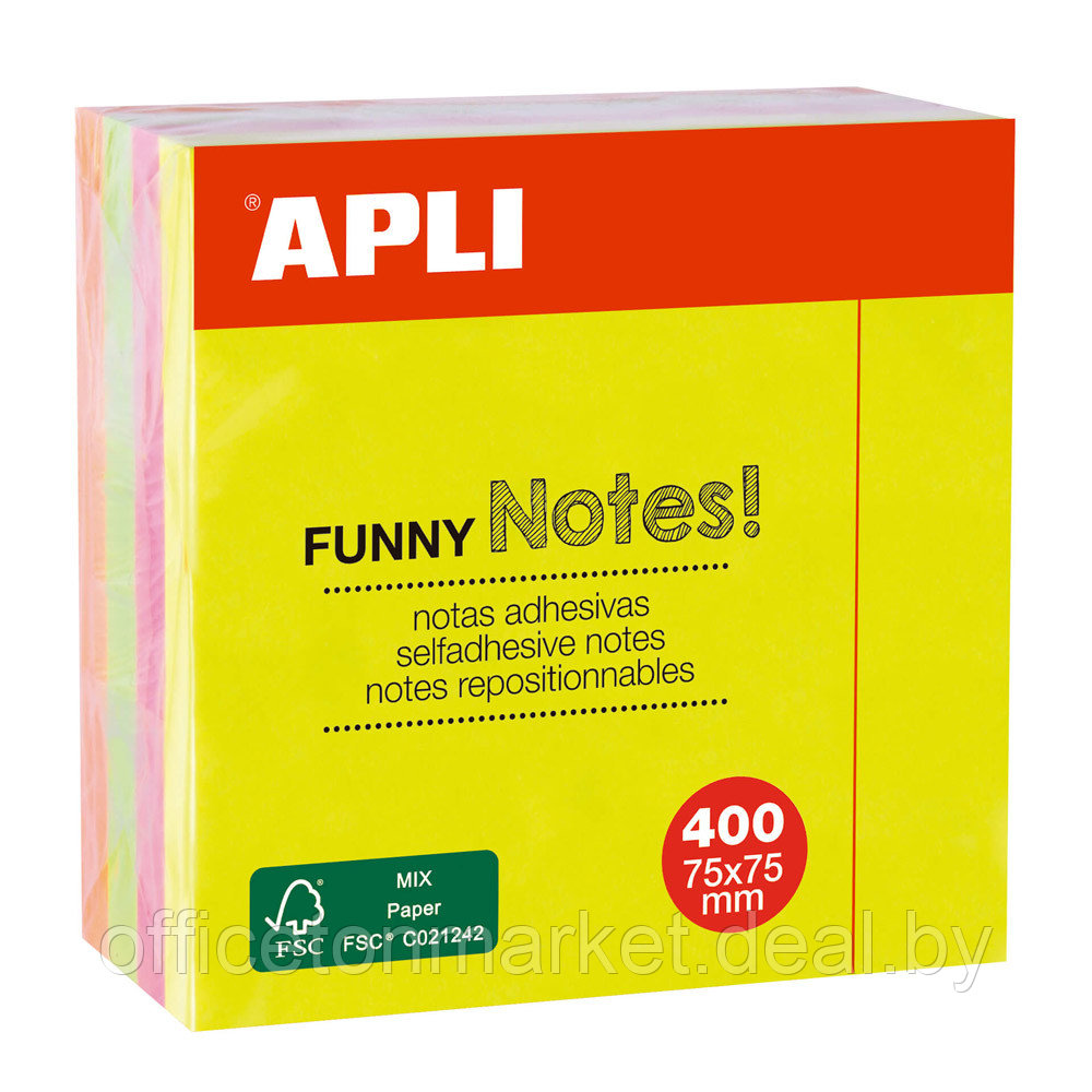 Бумага для заметок на клейкой основе "Funny notes", 75x75 мм, 400 листов, флуоресцентный ассорти - фото 2 - id-p207256731