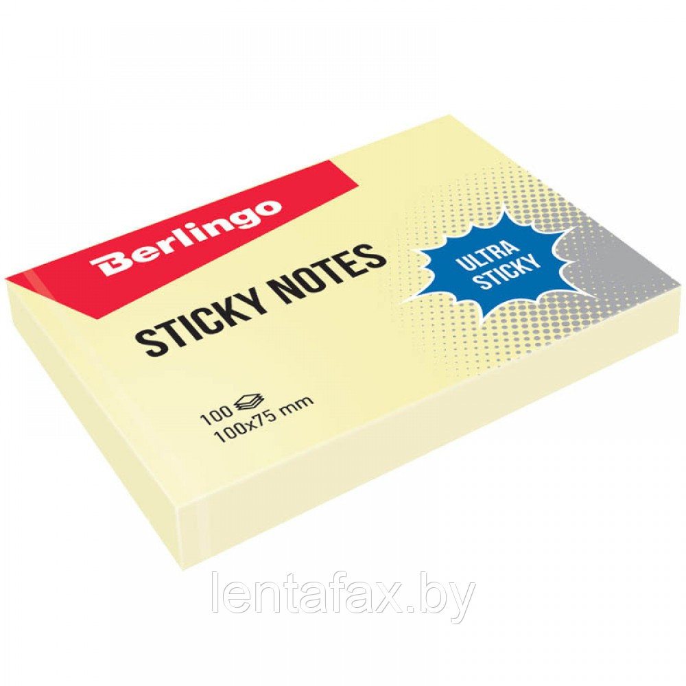 Самоклеящийся блок Berlingo "Ultra Sticky", 100*75мм, 100л, пастель, жёлтый