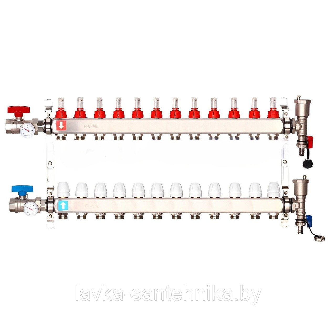 Коллектор на 12 выходов Gappo G422.12 для теплого пола в сборе с кранами и расходомерами - фото 1 - id-p208750025