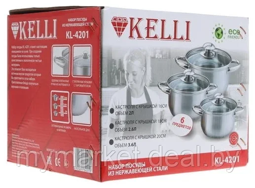 Набор кастрюль из нержавеющей стали 6 предметов Kelli KL-4201 (2л/2.6л/3.6л) - фото 6 - id-p208763534