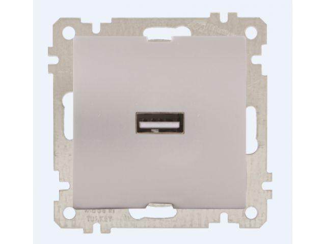 Розетка 1-ая USB (скрытая, без рамки) серебро, DARIA, MUTLUSAN (USB-зарядка, 5V-2.1A) - фото 1 - id-p208778541