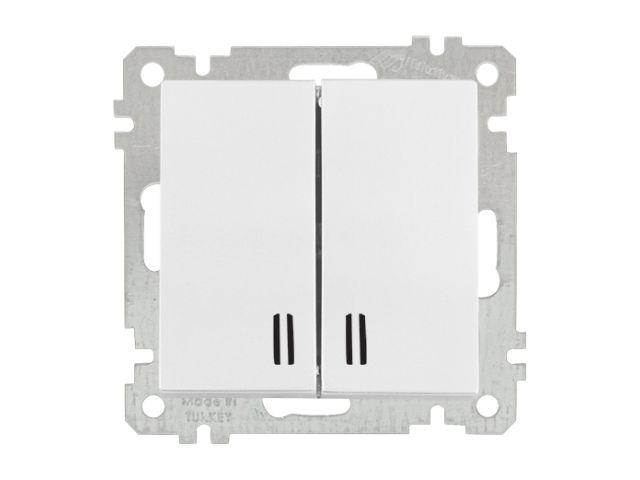 Выключатель 2-клав. (с подсветкой, скрытый, винт. зажим) белый, ELITRA, MUTLUSAN (10 A, 250 V, IP 20)