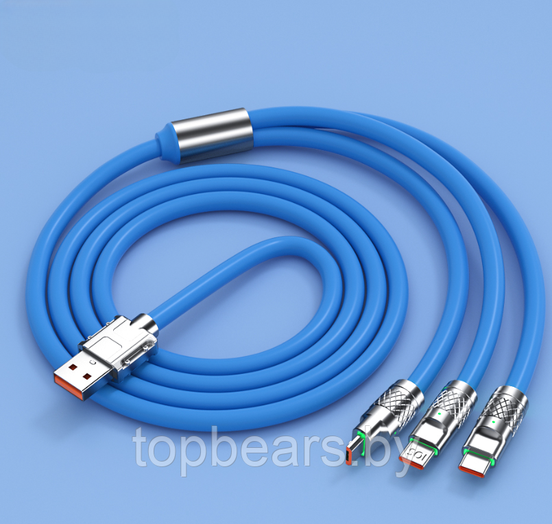 Кабель зарядный универсальный 3 в 1 BIG FAST CABLE Micro USB, Type-C, 6A, 120 W Синий - фото 9 - id-p208779738