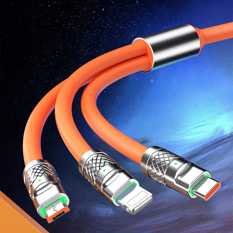 Кабель зарядный универсальный 3 в 1 BIG FAST CABLE Micro USB, Type-C, 6A, 120 W Оранжевый - фото 6 - id-p208779895