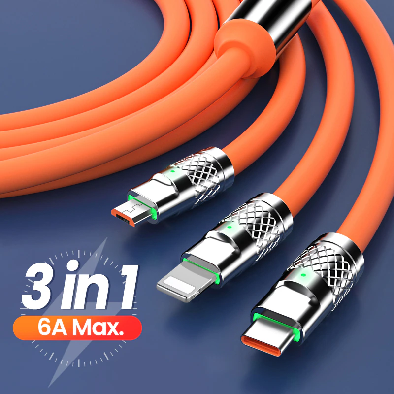 Кабель зарядный универсальный 3 в 1 BIG FAST CABLE Micro USB, Type-C, 6A, 120 W Оранжевый - фото 7 - id-p208779895