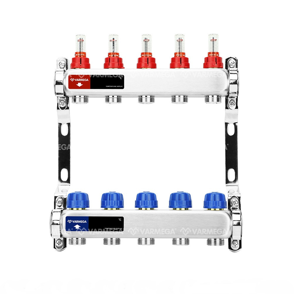 Распределительный коллектор (группа) с расходомерами Varmega VM15105 ВР 1", на 5 контуров 3/4" EK, нержавеющая