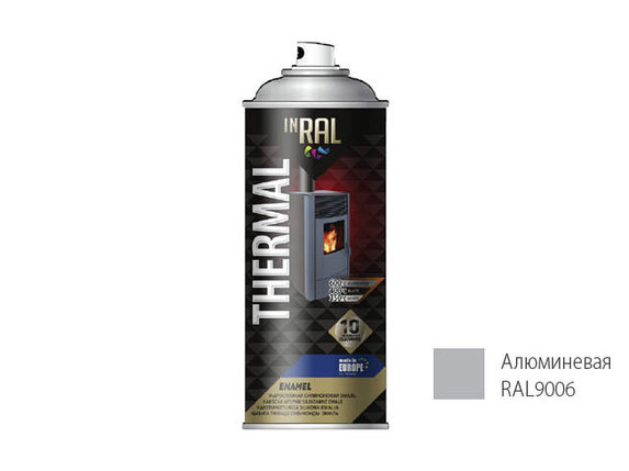 Краска-эмаль аэроз. термостойкая силиконовая алюминиевый INRAL 400мл (9006), фото 2