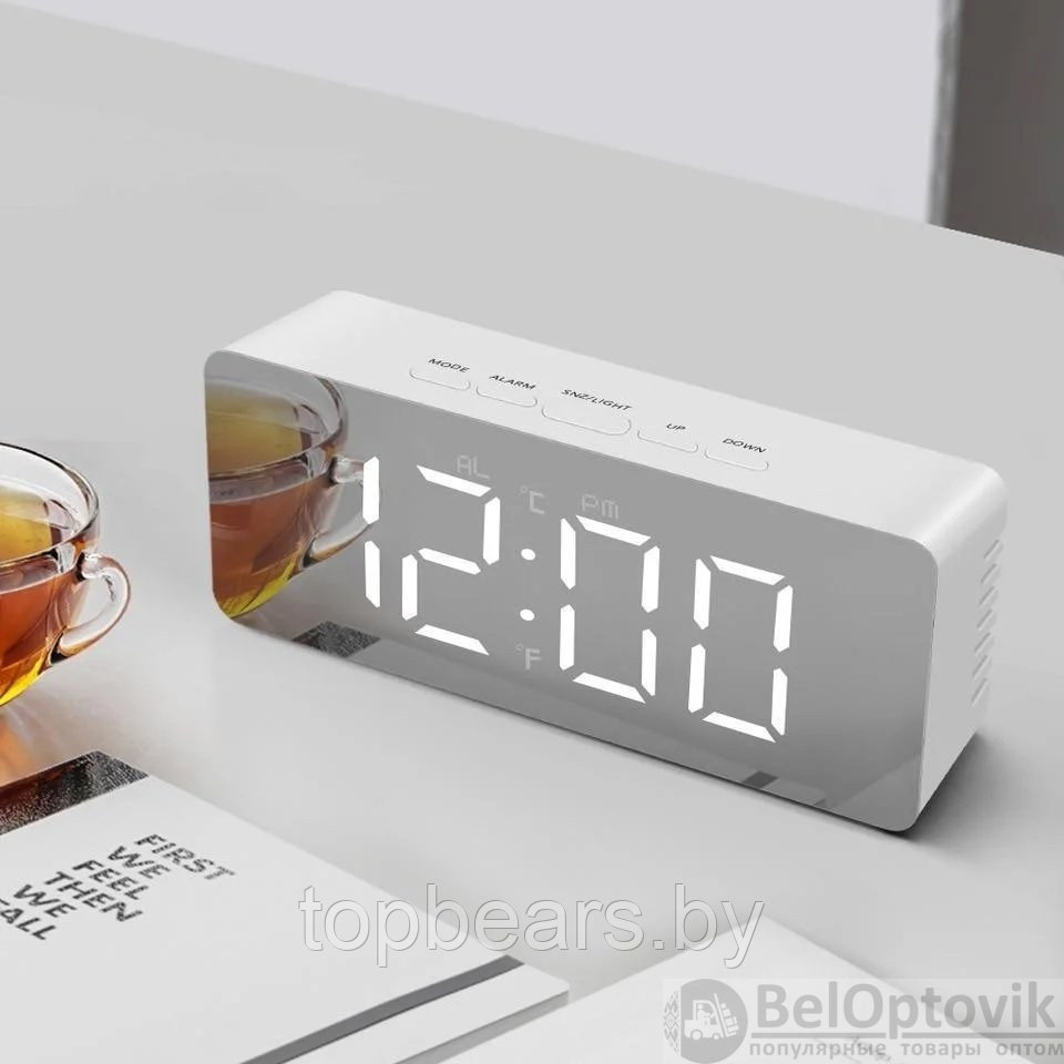 Настольные зеркальные LED-часы YQ-719 (часы, будильник, термометр, календарь) Белые - фото 3 - id-p208821941