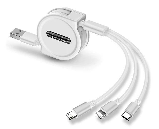 Универсальный зарядный кабель 3-в-1 USB Type-C - Lightning - MicroUSB с боксом для скрутки, 2А, 1 метр, белый - фото 1 - id-p208821415